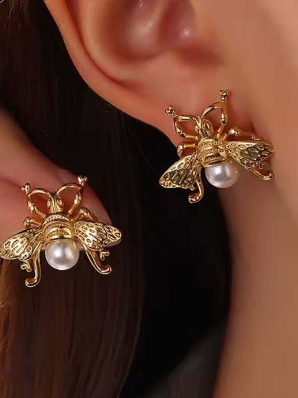 Trendy Bee Earrings with Pearl Accent - Women Jewelry